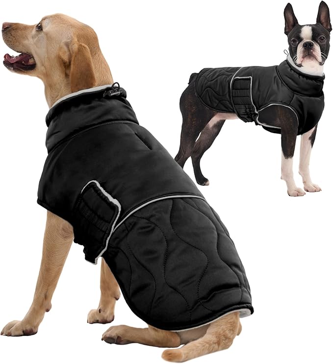FUAMEY Dogs Warm Jackets Cold Weather, Extra Large Dog Coat Fleece Lined, Thermal Sow Winter Outfits, Adjustable Sleeveless Doggy Vest with Harness Hole (Black, 2XL)