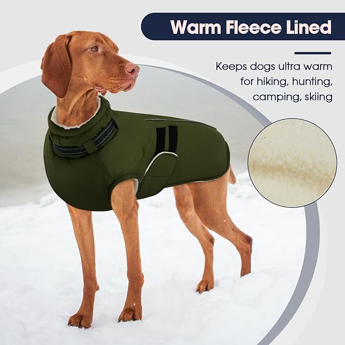 IECOii Waterproof Dog Coat for Medium Dogs, Reflective Dog Jacket with Collar Built in, Thick Fleece Dogs Coat for Winter Easy On Hook & Loop Pet Snowsuit for Hunting, Hiking, Camping, Army Green - L