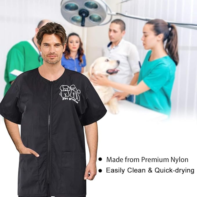 Noverlife Short Sleeves Pet Grooming Work Clothes with Full Zipper, XL Size, Splash Proof Anti-Static Pets Beautician Smock, Dog Cat Groomer Cosmetologist Uniforms for Pet Shop Men Women