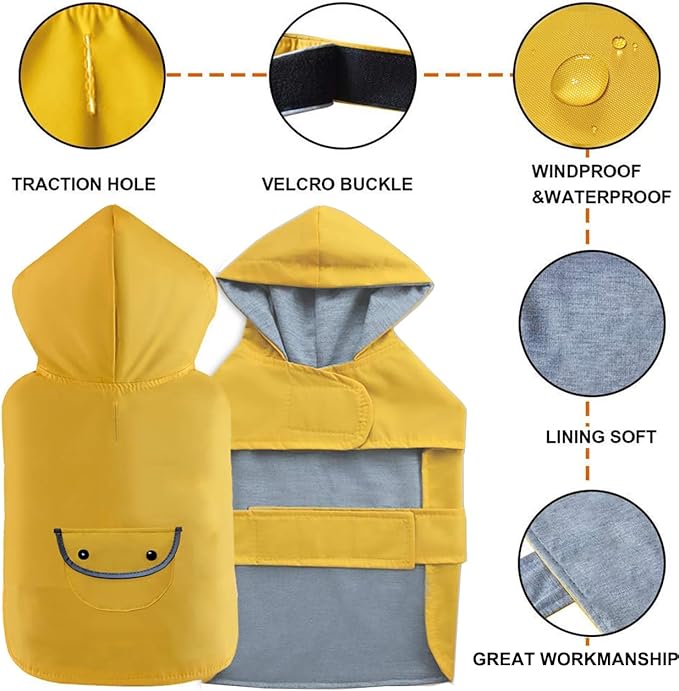 Dog Raincoat Dogs Rain Jacket Reflective Poncho Rainwear Waterproof Pet Clothes Warm Lined Pocket Hooded Leash Hole Adjustable for Puppy Small Dogs,Yellow,M,Back Length 10.0 Inch