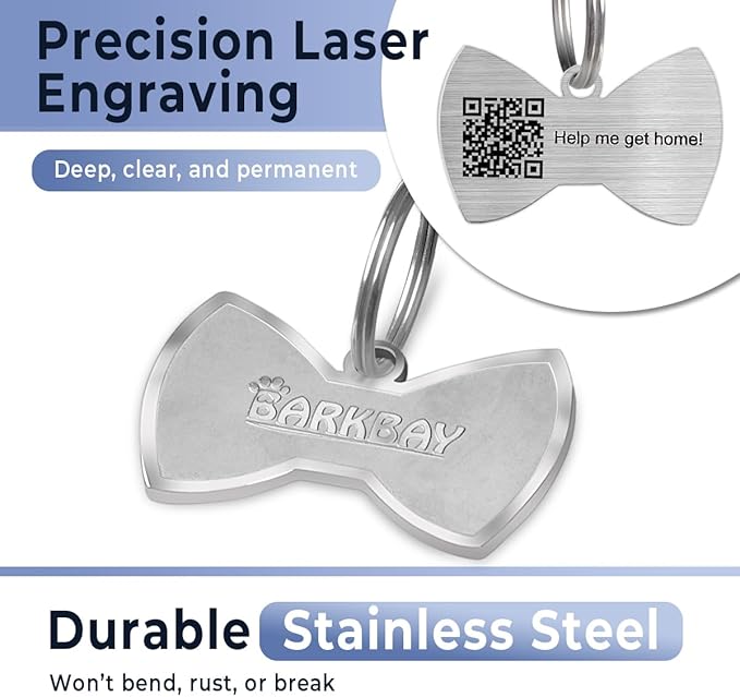 Dog Tags Personalized for Pets,Dog Name Tags QR Code,No Subscription Fees,Modifiable Pet Online Profile,Stainless Steel,No App Required,for Dogs and Cats Small,Medium,Large(Bow Tie,Small)