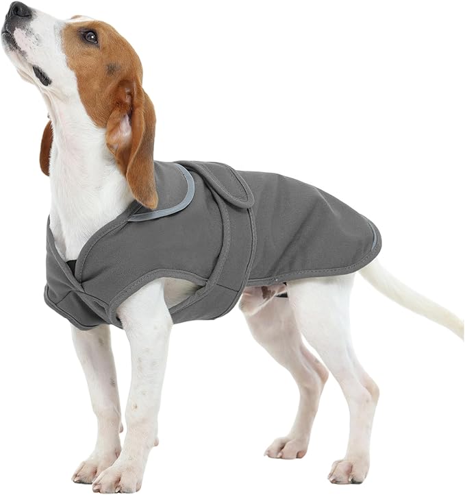 Kuoser Canvas Dog Coat, Warm Dog Jacket Reflective Fleece Pet Cold Weather Coat, Warm Doggie Clothes Waterproof Winter Vest with Zipper Leash Hole for Small Medium Large Dogs, Grey XS