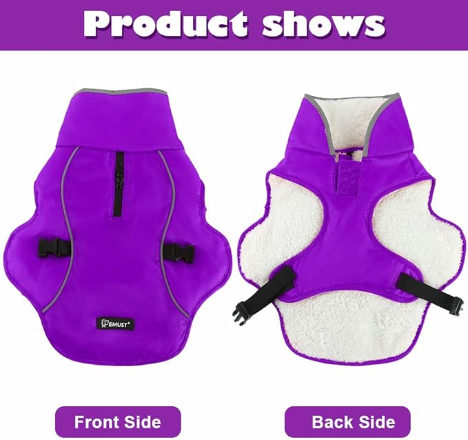 EMUST Dog Coat for Winter, Cozy Winter Jackets for Small/Medium/Large Dogs, Solid Color Dog Apparel for Cold Weather with Fleece Lining, Purple, XXXL