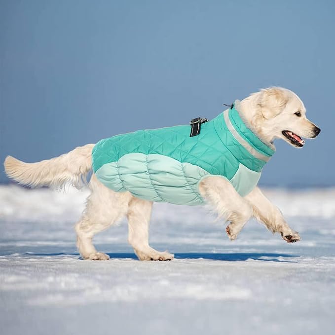 Lelepet Dog Coat Warm Dog Winter Coat Waterproof Dogs Jacket with Harness Built in Reflective Pet Fleece Vest Zip-Up Cold Weather Coats for Large Dogs Turtleneck & Windproof Coats Boxer Mint Green XL