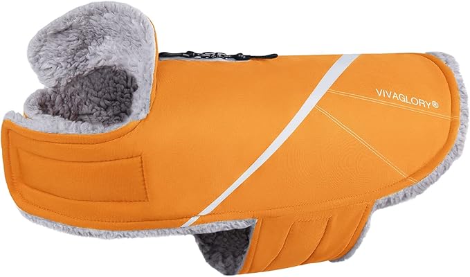 VIVAGLORY Snowrap Dog Coat, Jacket with Harness Hole & Velcro Closure, Dog Coat for Winter & Cold Weather, Fluffy Warm Fleece Lined Reflective Water Resistant for Puppy, XXS, Orange