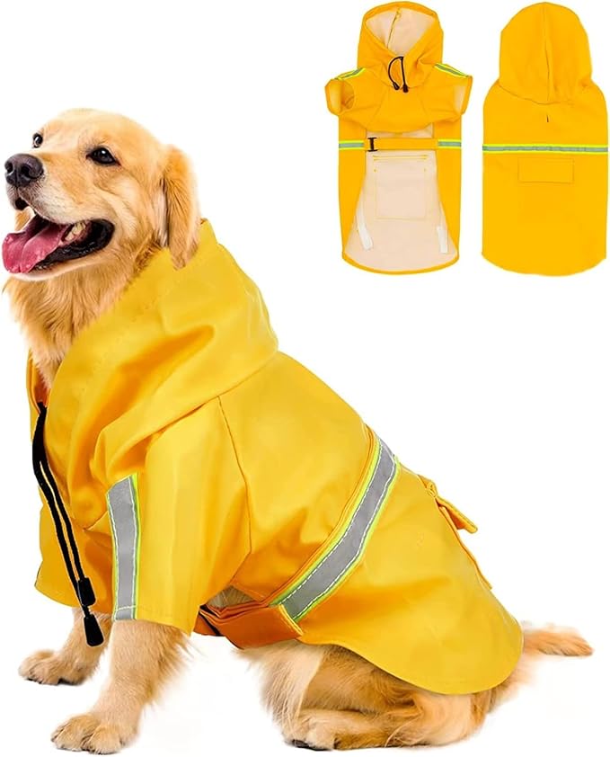 Reflective Strip Dog Raincoat, Ultra - Light Breathable Waterproof Rain Jacket with Hood, Adjustable Sizes for Small/Medium/Large Dogs, (2XL)
