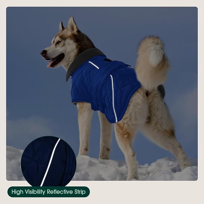 Kuoser Dog Coat, Extra Warm Dog Jacket Windproof Dogs Cold Weather Coats for Medium Dogs, Fleece Lining Turtleneck Puppy Snowsuit Reflective Adjustable Pet Winter Clothes Christmas, Blue M
