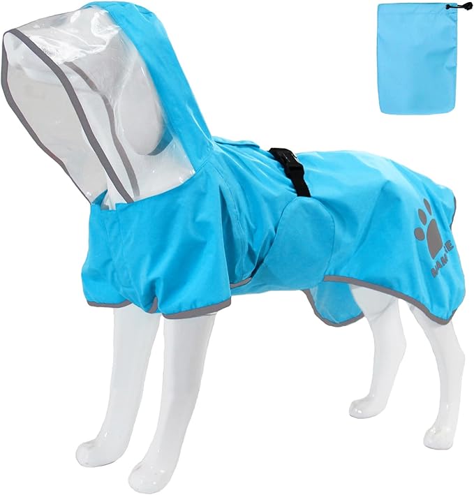 MAMORE Dog Raincoat Hooded Rain Jacket for Small Medium Large Dogs Slicker Poncho Bottom Waterproof Adjustable Reflective Breathable Leash Hole (Blue, Large)