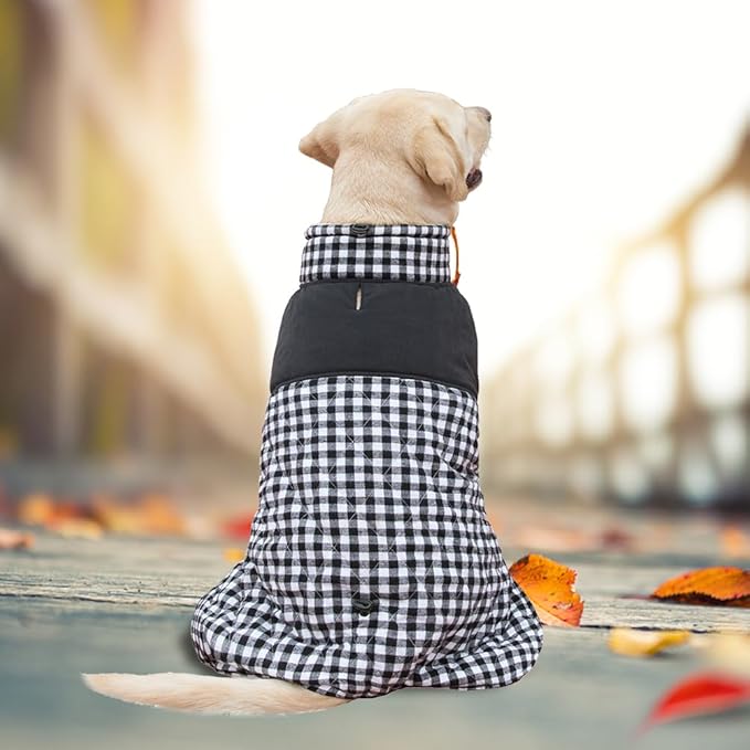 Dog Jackets for Winter, Reversible Dog Coat Windproof Waterproof Jackets for Cold Weather, British Style Plaid Coats Warm Vest for Small Medium Large Dogs (Black, 4XL)