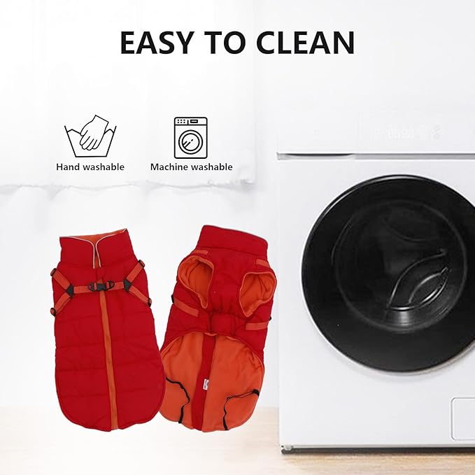 Geyecete Winter Warm Coat Waterproof Dog Winter Jacket with Harness Traction Belt,Windproof Pet Outdoor Jacket Dog Autumn-Red-S