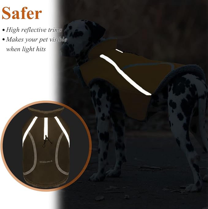 VIVAGLORY Frostfit Dog Coat, Dog Jacket for Winter & Cold Weather, Warm Fluffy Fleece Lined Water Resistant Reflective for Puppy, Coat with Velcro Fastening & Leash Hole, M, Khaki