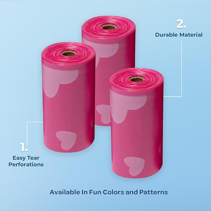 Best Pet Supplies Dog Poop Bags (240 Bags) for Waste Refuse Cleanup, Doggy Roll Replacements for Outdoor Puppy Walking and Travel, Leak Proof and Tear Resistant, Thick Plastic - Pink Heart