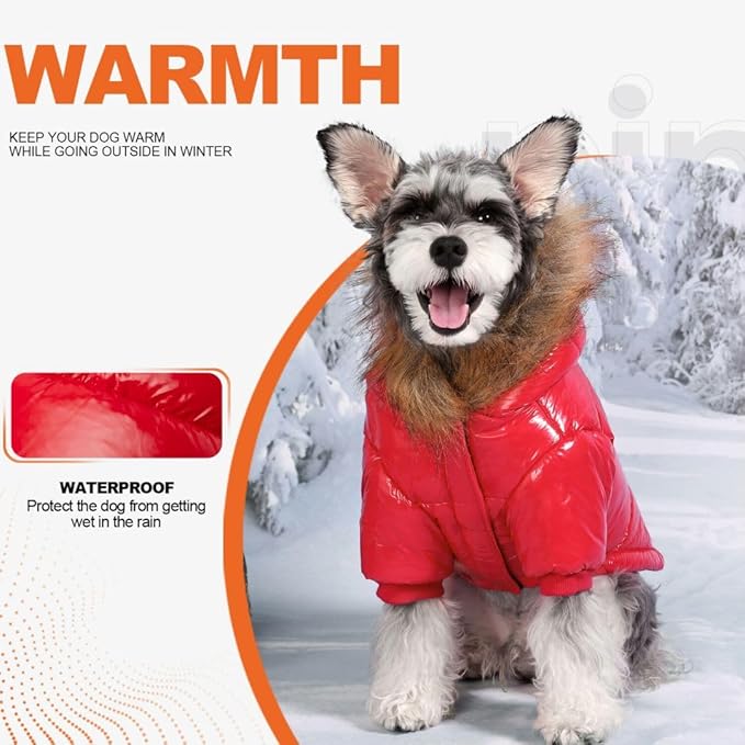 PINA Winter Coat with Faux Fur Hood, Windproof and Warm, Suitable for Small to Large Dogs, Red, M