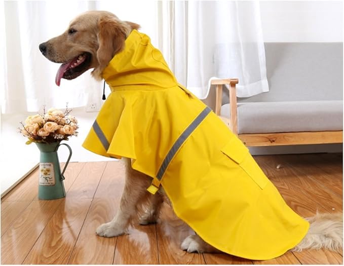 Mikayoo Large Dog Raincoat Adjustable Pet Waterproof Clothes Lightweight Rain Jacket Poncho Hoodies with Strip Reflective(Yellow,L)