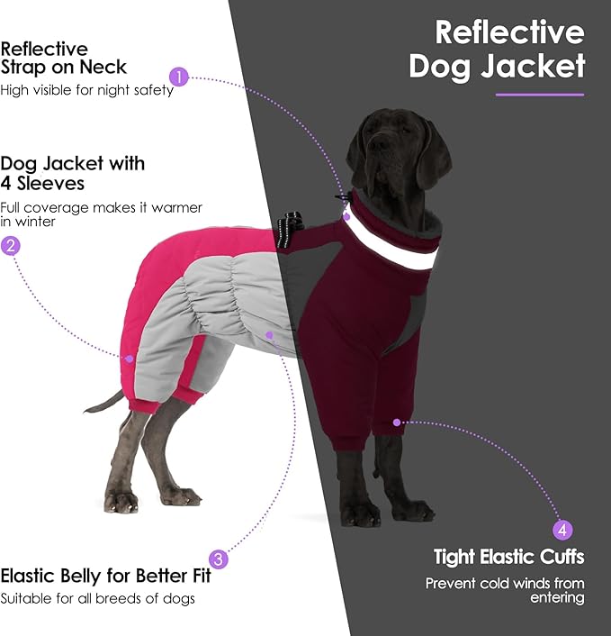 SUNFURA Full Body Dog Coat - Warm Fleece Jacket for Large Dogs, Turtleneck Winter Coats with Harness, Reflective Windproof Dog Snowsuit with Legs for Labrador,Golden Retriever, Hot Pink 2XL