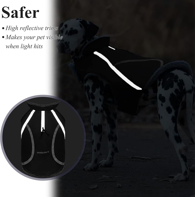VIVAGLORY Frostfit Dog Coat, Dog Jacket for Winter & Cold Weather, Warm Fluffy Fleece Lined Water Resistant Reflective for Puppy, Coat with Velcro Fastening & Leash Hole, S, Black