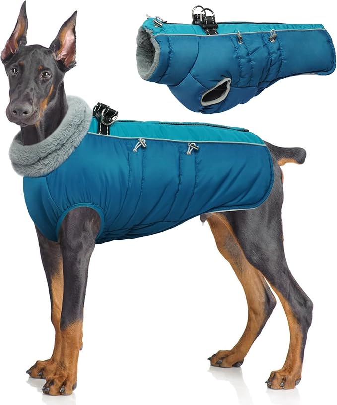 IDOMIK Warm Dog Coat with Harness, Waterproof Reflective Dog Jackets for Small Medium Large Dogs, Fleece High Collar Winter Jacket with Zipper, Pet Winter Snowsuit Clothes for Cold Weather,Blue XL