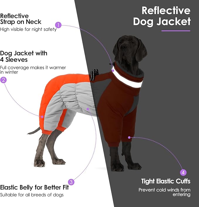 SUNFURA Full Body Dog Coat - Warm Fleece Jacket for Small Dogs, Turtleneck Winter Coats with Harness, Reflective Dog Snowsuit Windproof Puffer Jackets with Legs for Pug, Jack Russel, Orange S