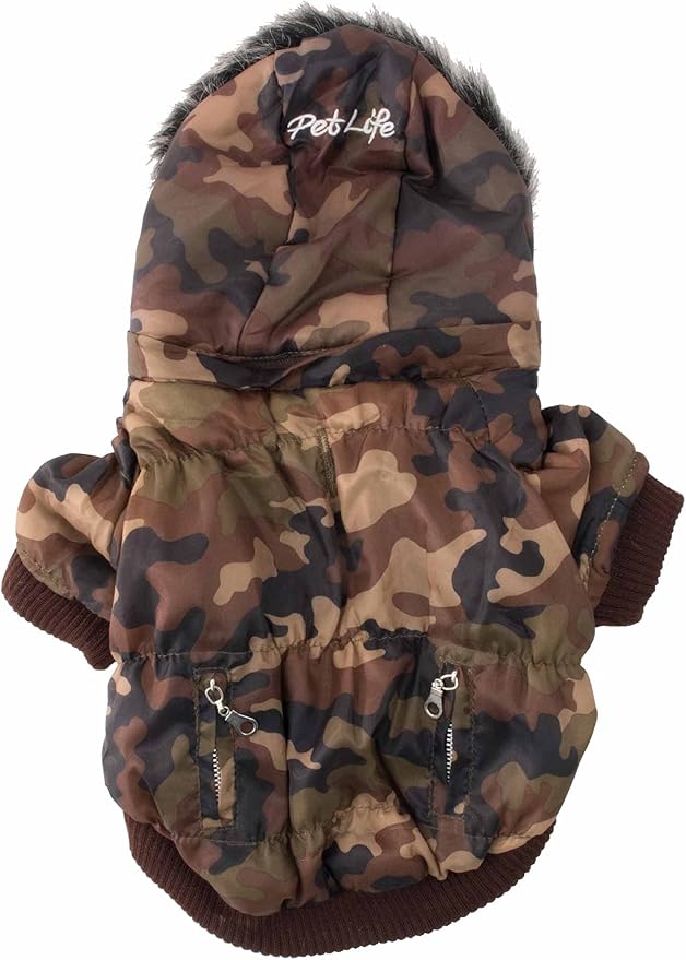 PET LIFE Classic Metallic Fashion Pet Dog Coat Jacket Parka w/ 3M Insulation and Removable Hood, Large, Camouflage