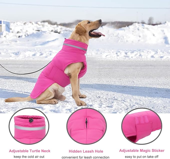 Dog Coat, Waterproof Winter Jacket, Warm Windproof Jacket, Reflective Adjustable Turtleneck Coats for Small Dogs with Hook & Loop - Pink - S