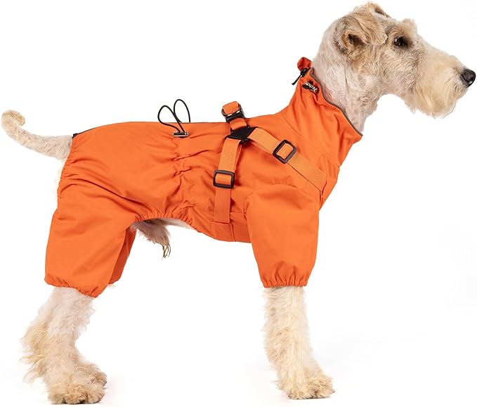 Mile High Life Waterproof Dog Raincoat, Full Coverage Small Dog Rain Coat with Harness, Adjustable 4 Legs Puppy Rain Jacket with Reflective Strip and Elastic Cuffs (Orange, S Back Length 13")