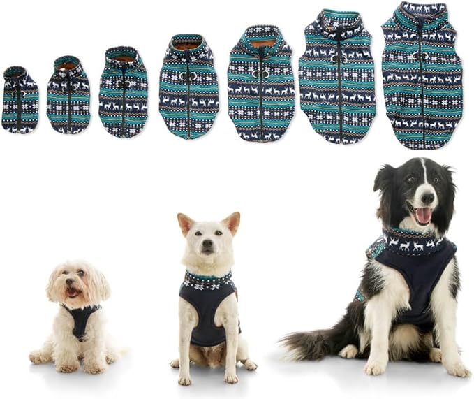 Gooby Zip Up Fleece Dog Sweater - Deer Blue, 3X-Large - Warm Pullover Fleece Step-in Dog Jacket with Dual D Ring Leash - Winter Small Dog Sweater - Dog Clothes for Small Dogs Boy and Medium Dogs