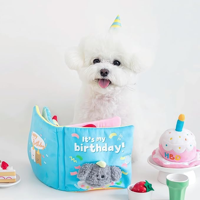 Cute Dog Birthday Toy Squeaky Snuffle Mat for Small Medium Dogs Interactive Plush Book Treat Puzzle for Puppy Crinkle Gifts (Pink)