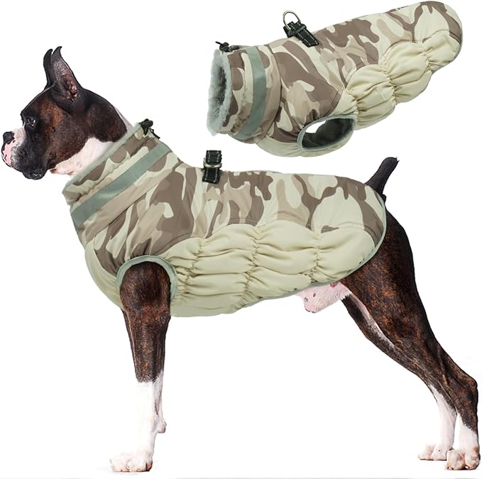 Lelepet Warm Dog Winter Coat Dog Coats for Large Dogs Waterproof Dogs Jacket with Harness Built in Reflective Cold Weather Coats Zip-Up Winter Fleece Vest Snowsuit Boston Terrier Desert Camo L