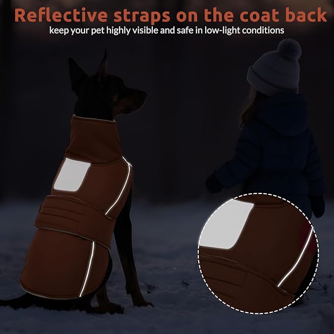 ASENKU Warm Dog Coat, Waterproof Dog Jackets for Large Dogs with Reflective Fleece Vest Turtleneck with Button,Windproof Cold Weather Coats for Small Medium Large Dogs, Red Brown, 3XL
