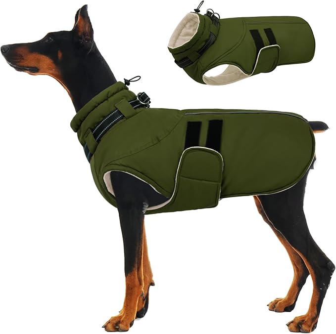 IECOii XXXL Dog Coat for Large Dogs Waterproof Dog Jacket with Collar Built in, Reflective Winter Jacket with Fleece Lined Warm Cold Weather Coats for Extra Large Dogs, Great Dane, Army Green - 3XL