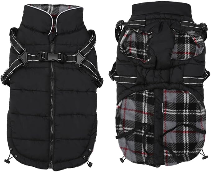 Geyecete Winter Warm Coat Geyecete Waterproof Dog Jacket with Harness Traction Belt,Pet Outdoor Jacket Dog Autumn and Winter Clothes-Black-XL