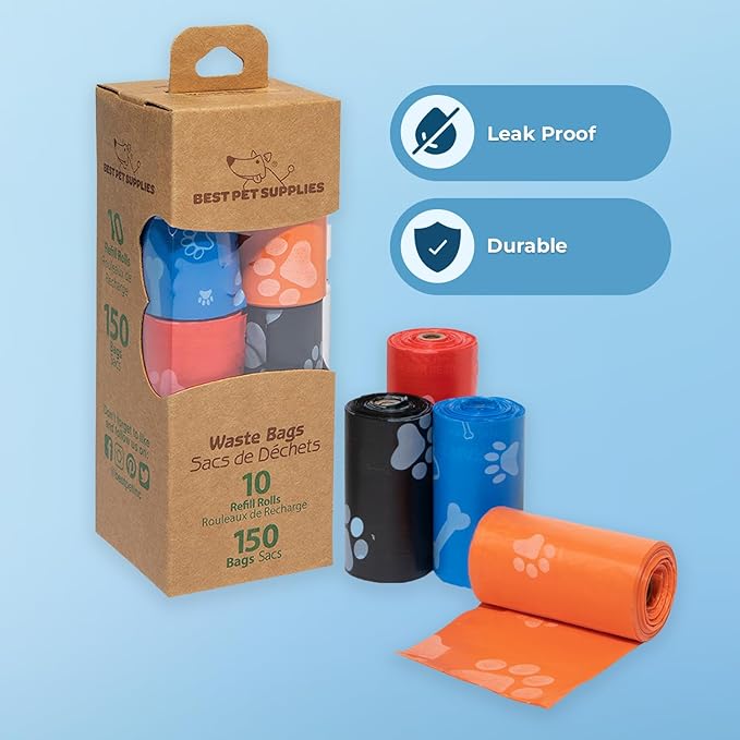 Best Pet Supplies Dog Poop Bags (150 Bags) for Waste Refuse Cleanup, Doggy Roll Replacements for Outdoor Puppy Walking and Travel, Leak Proof and Tear Resistant, Thick Plastic - Assorted Colors