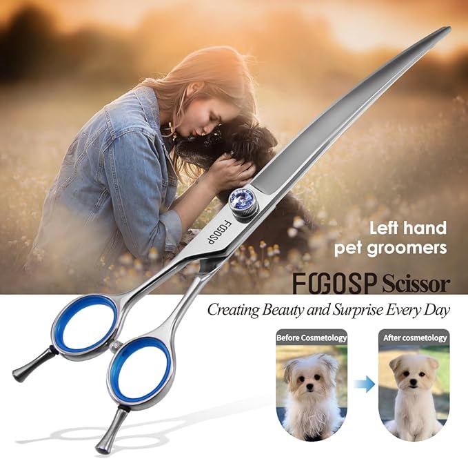 Left Handed Curved Dog Grooming Scissors 7.5 inch Professional Curved Shears Grooming for Poodle Large Dogs Pet 30 Degree Japanese 440C Super Sharp (7.5 curved)