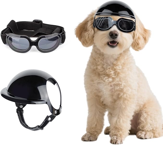 Dog Helmet and Goggles Small Breed, UV Protection Dog Goggles and Motorcycle Helmet with Ear Holes Adjustable Straps for Outdoor Biking, Driving, Black