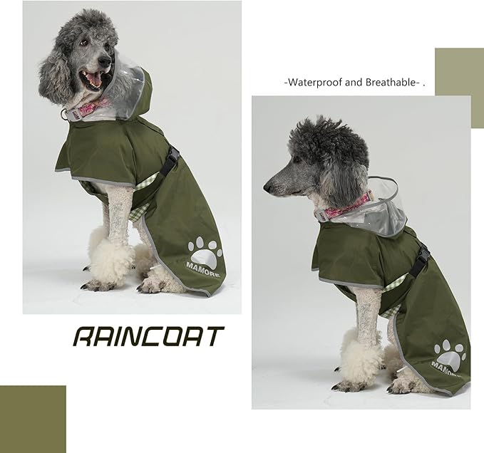 MAMORE Dog Raincoat Hooded Rain Jacket for Small Medium Large Dogs Slicker Poncho Bottom Waterproof Adjustable Reflective Breathable Leash Hole (Army Green, Small)
