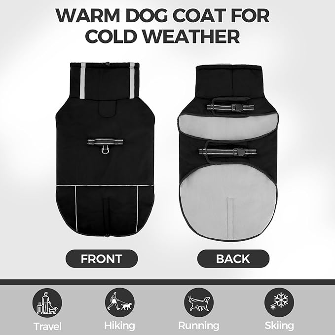 Mihachi Dog Coat for Large Dogs, Warm Dog Winter Coat Waterproof Dogs Jacket with Harness Built in Reflective Pet Fleece Vest, Puppy Cold Weather Coats Turtleneck & Windproof Pet Snowsuit, Black L