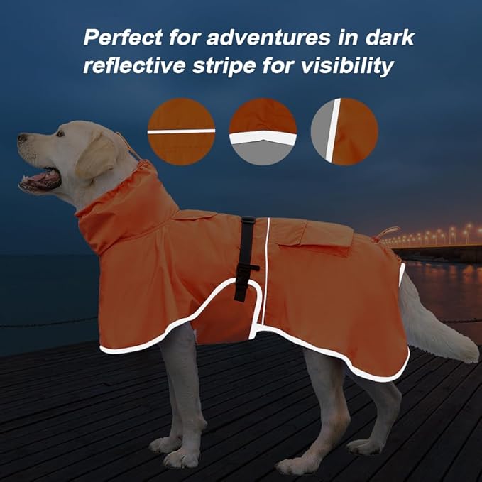 Reflective Dog Raincoat Waterproof Adjustable Dog Hooded Poncho Raincoat for Medium Large Dogs, Lightweight Pet Rain Jacket (Orange, L)