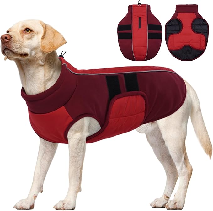 Kuoser Large Dog Coat, Winter Waterproof Dog Jackets for Large Dogs, Reflective Doggie Vest with Leash Hole, Cold Weather Coats Pet Snow Jacket for Labrador Beagle, Red XXL