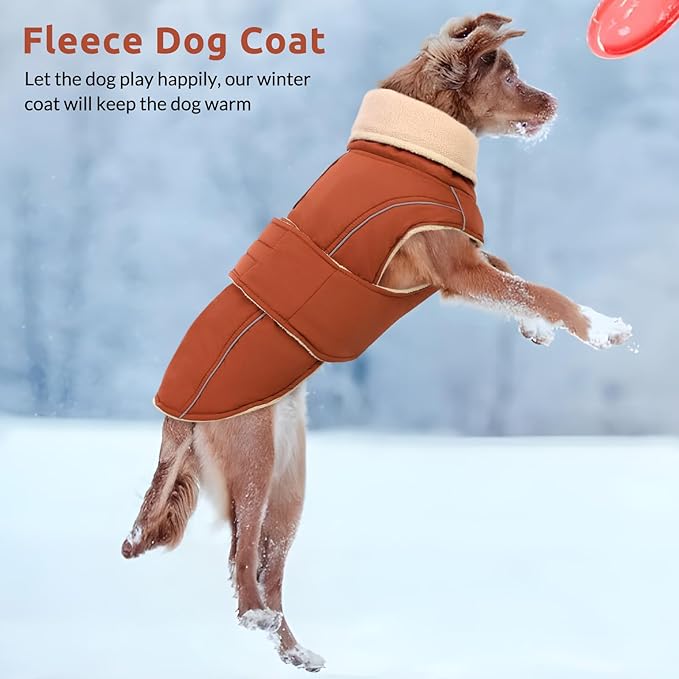 ASENKU Warm Dog Coat, Waterproof Dog Jackets for Large Dogs with Reflective Fleece Vest Turtleneck with Button,Windproof Cold Weather Coats for Small Medium Large Dogs, Red Brown, XL