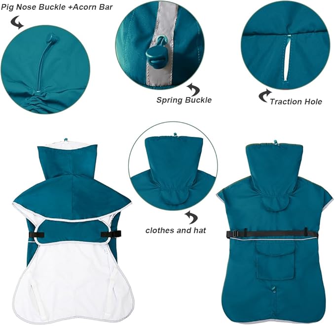 Reflective Dog Raincoat Waterproof Adjustable Dog Hooded Poncho Raincoat for Medium Large Dogs, Lightweight Pet Rain Jacket (Blue, 2XL)