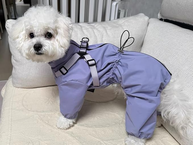 Mile High Life Waterproof Dog Raincoat, Full Coverage Small Dog Rain Coat with Harness, Adjustable 4 Legs Puppy Rain Jacket with Reflective Strip and Elastic Cuffs (Purple, XXS Back Length 9.8")