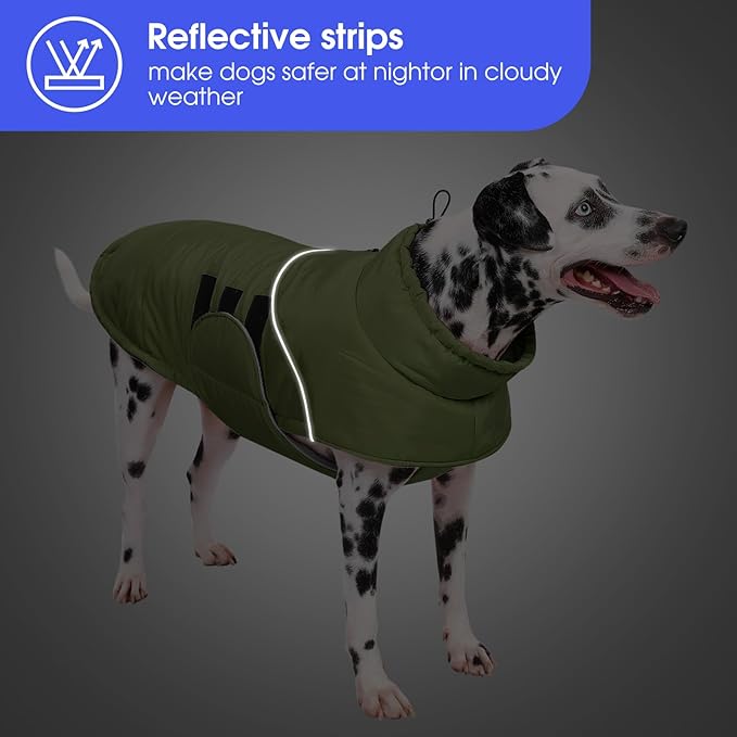 ASENKU Extra Warm Dog Coat with Fleece, Reflective Puffer Jacket, Adjustable with Zippered Leash Hole for Large Dogs, Winter Clothes (Green, XL)