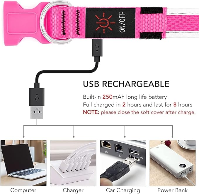 YFbrite Light up Dog Collar, USB Rechargeable LED Puppy Collar Super Bright Adjustable Glowing Dog Lights for Night Walking (Pink, Small)
