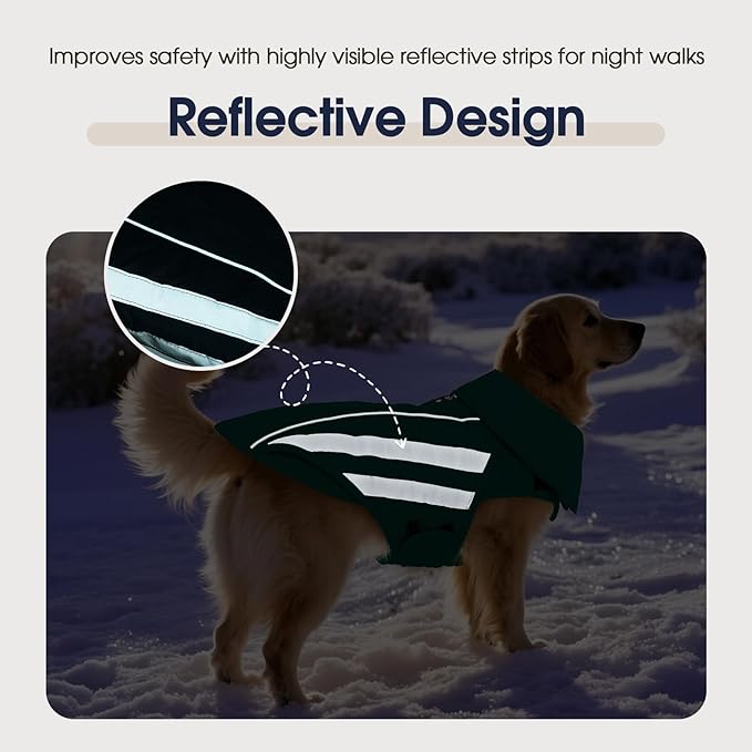 IECOii Large Dog Coat - Waterproof & Windproof Snow Jacket for French Bulldog & Corgi, Adjustable & Reflective Warm Coats with Fleece Lining for Walking, Camping, Hiking, Green, Sizes L