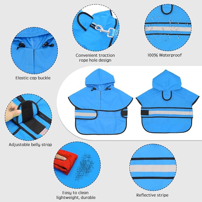 Candofly Dog Raincoat Hooded Poncho - Adjustable Waterproof Dog Rain Jacket Lightweight Reflective Dog Rain Coat Pet Slicker for Small Medium Large Dogs (Medium, Sky Blue)