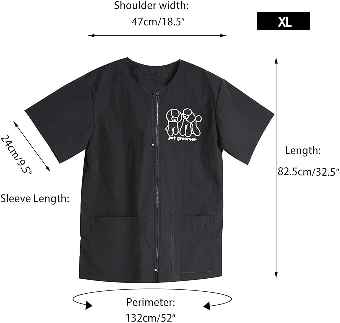 Noverlife Short Sleeves Pet Grooming Work Clothes with Full Zipper, XL Size, Splash Proof Anti-Static Pets Beautician Smock, Dog Cat Groomer Cosmetologist Uniforms for Pet Shop Men Women