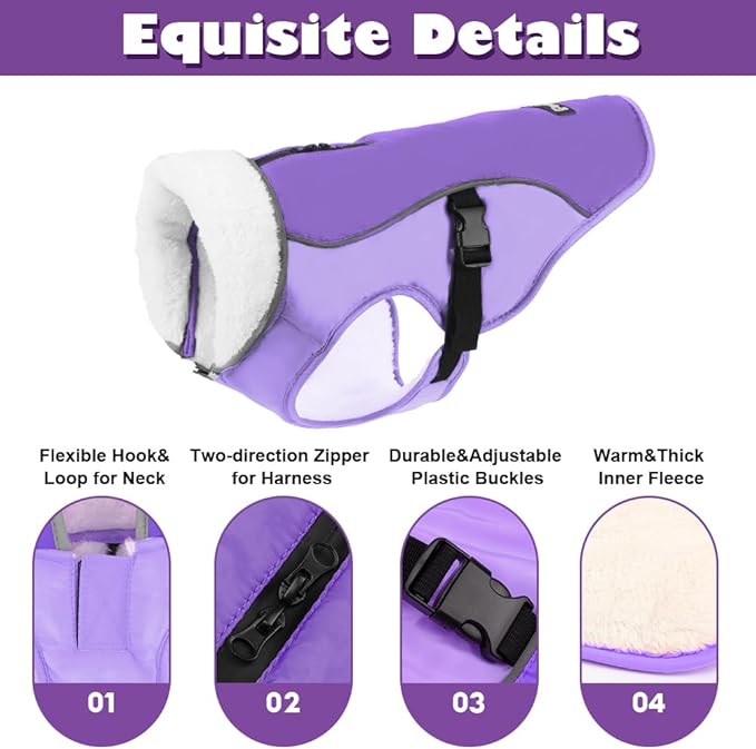 EMUST Dog Coat Winter, Warm Pet Snow Jacket for Winter, Adjustable Small/Medium/Large Dog Coat, New Purple, L