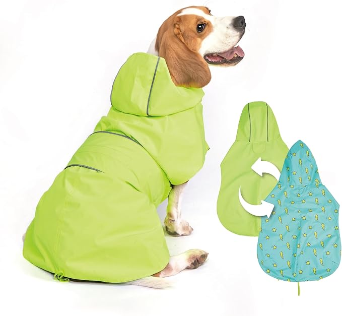 Dog Raincoat Reversible, Single Side Slicker Poncho Adjustable Waterproof Dog Rain Jacket with Leash Hole/Reflective Stripe Hooded Snowproof Windproof Clothes for Small to 3X-Large Dogs, S