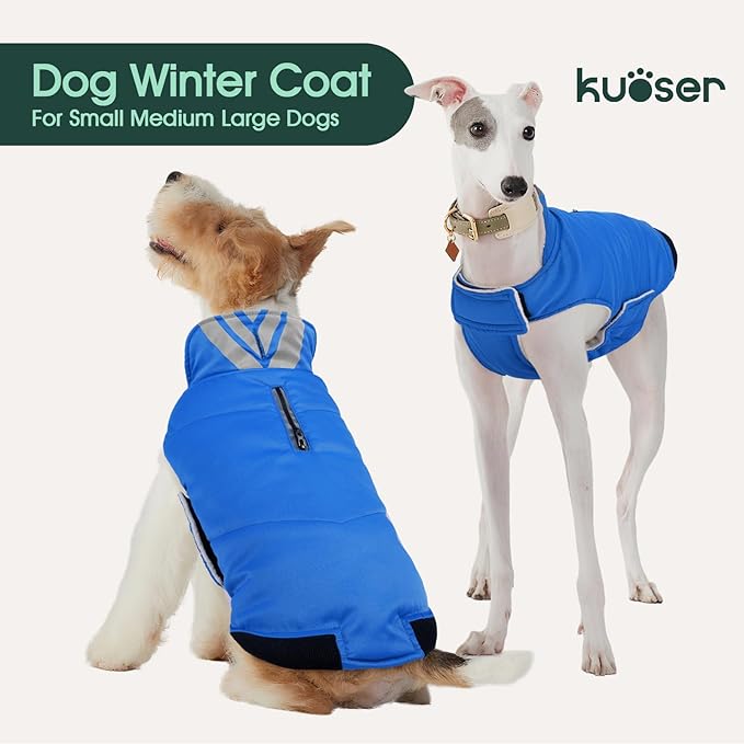 Kuoser Dog Coat Medium, Cold Weather Reflective Waterproof Dogs Jacket with Warm Fleece Lining, Turtleneck Dog Winter Coat with Zipper, Doggy Snow Jacket Pet Coats for Small Medium Large Dogs, Blue M