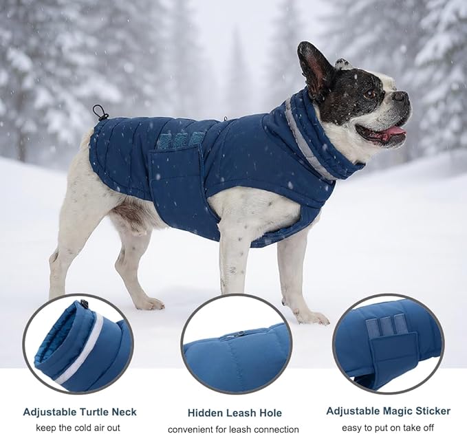 Dog Coat, Waterproof Winter Jacket, Warm Windproof Jacket, Reflective Adjustable Turtleneck Coats for Medium Dogs with Hook & Loop - Blue - M